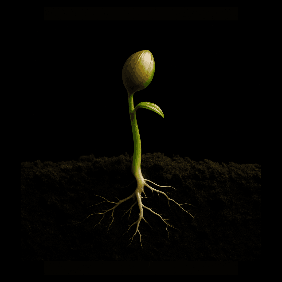 Semilla brotando con raíces finas sobre fondo negro
