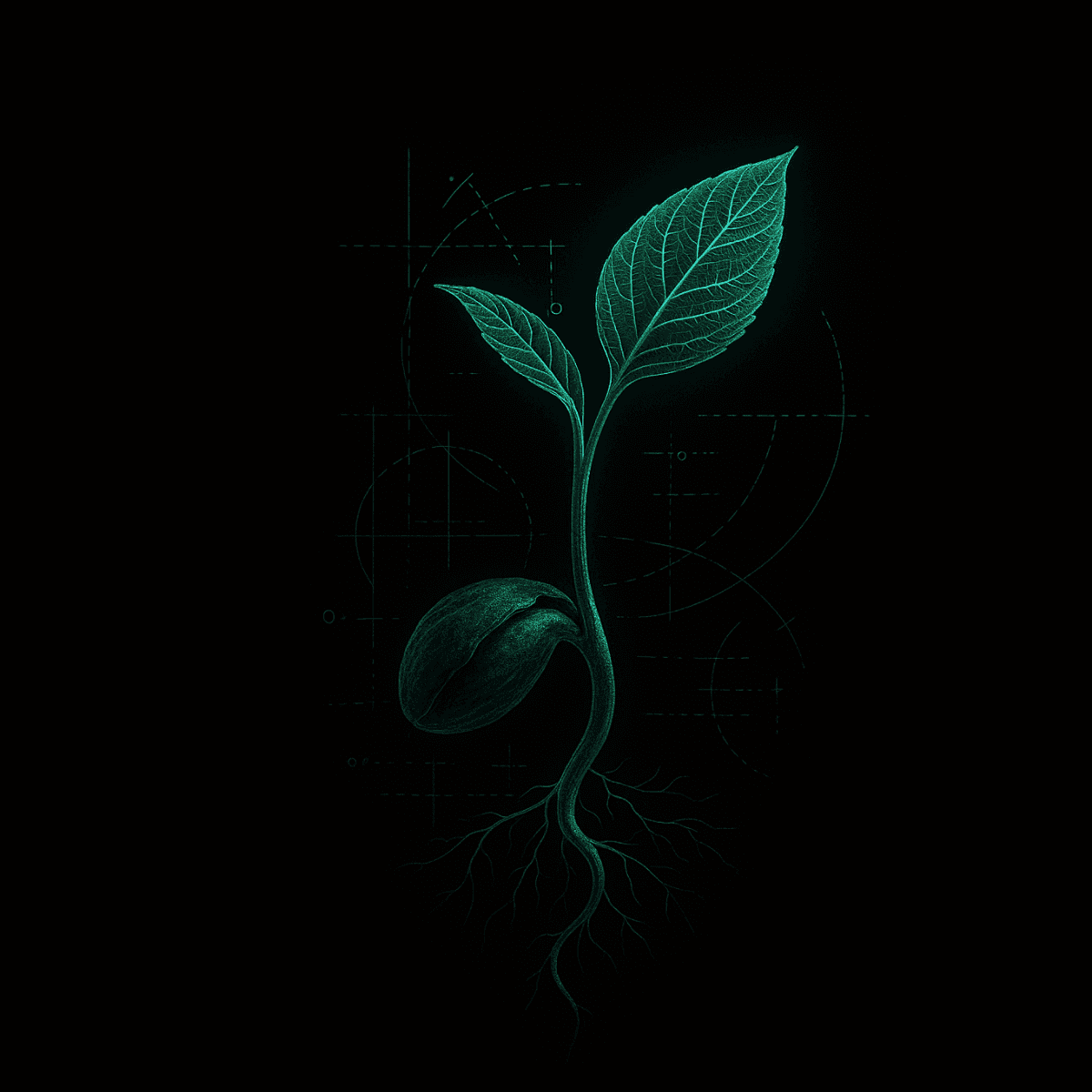 Plántula con blueprint botánico y raíces iluminadas