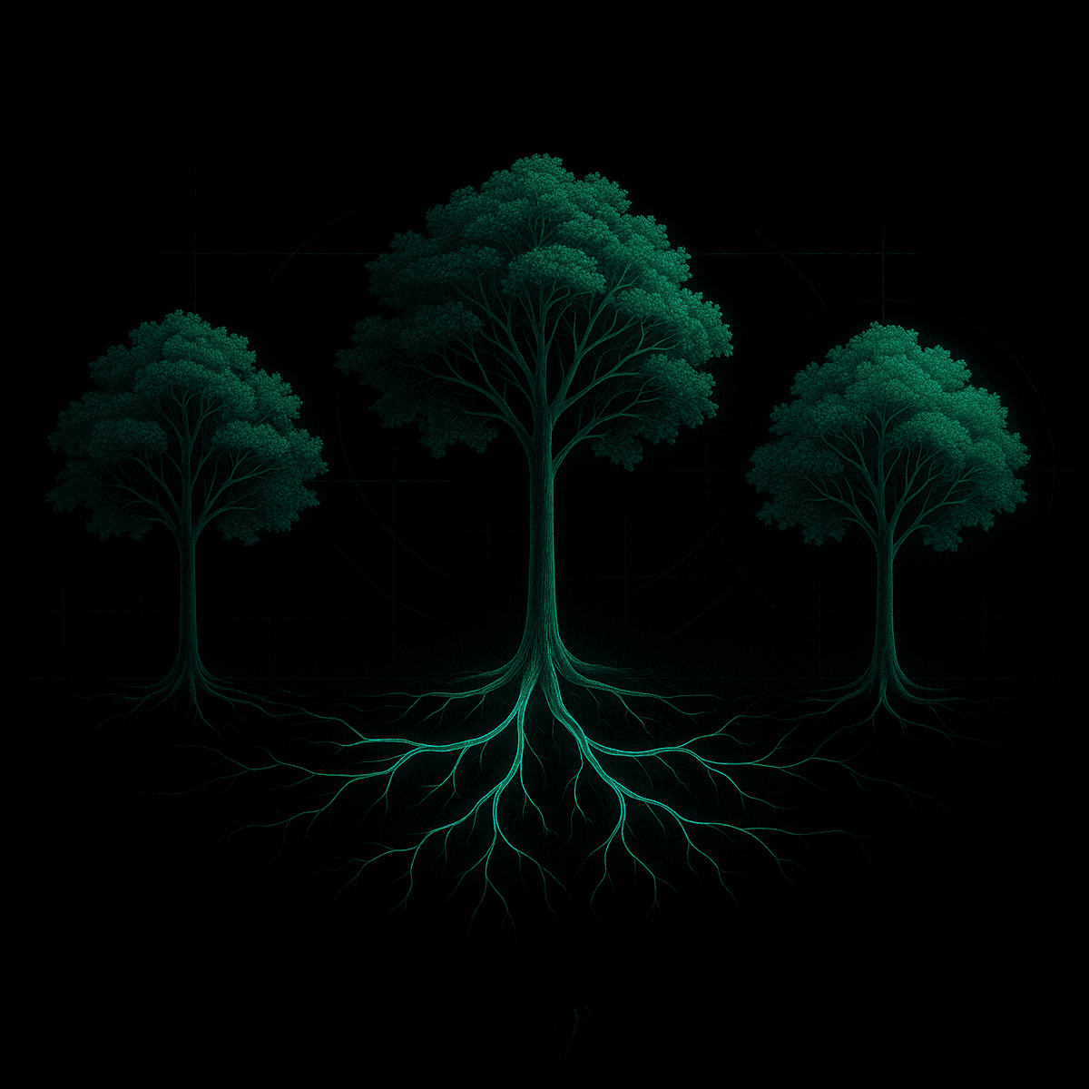 Tres jóvenes árboles conectados por red de raíces